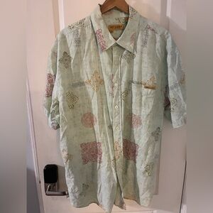 Men's Patterned Button-Down Shirt - Light Green and Brown